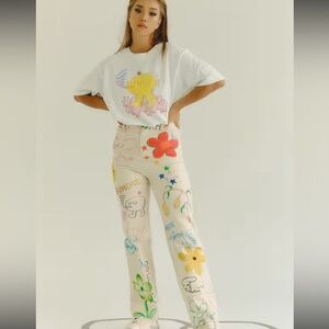 SUNDAE SCHOOL printed spray doodle cream denim jeans